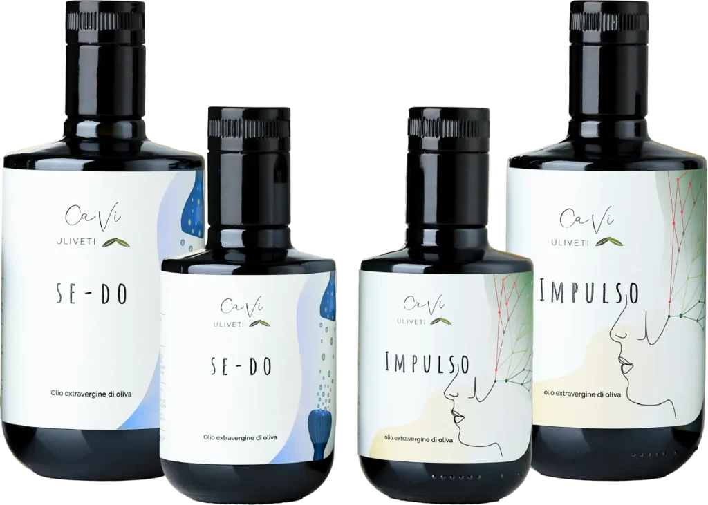 Bottiglie di olio extravergine di oliva CaVi Uliveti, selezione premium da uliveti in Puglia